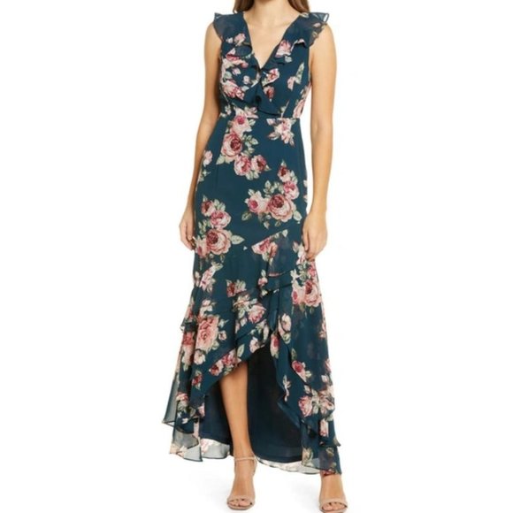 Lulus Secret Romance Floral Print High-Low Maxi Dress Womens S Dark Green NEW - Picture 1 of 11